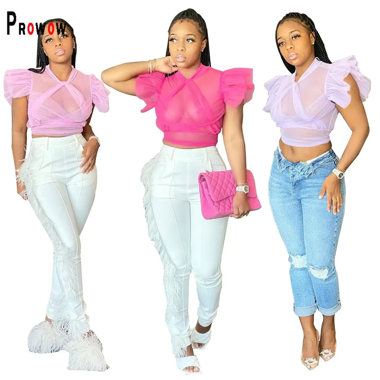 

Prowow Sexy Sheer Mesh Women Shirts Ruffle Sleeve Sweet Summer Lady Crop Tops Clothes 2024 New Design Female Blouses Blusas