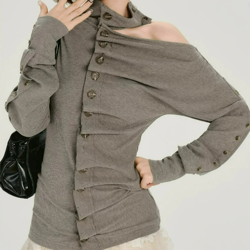 Women Irregular Asymmetrical Button Long Sleeve Top Y2K Off Shoulder Mock Neck Slimming Knit Fashion Streetwear Grey T-shirt