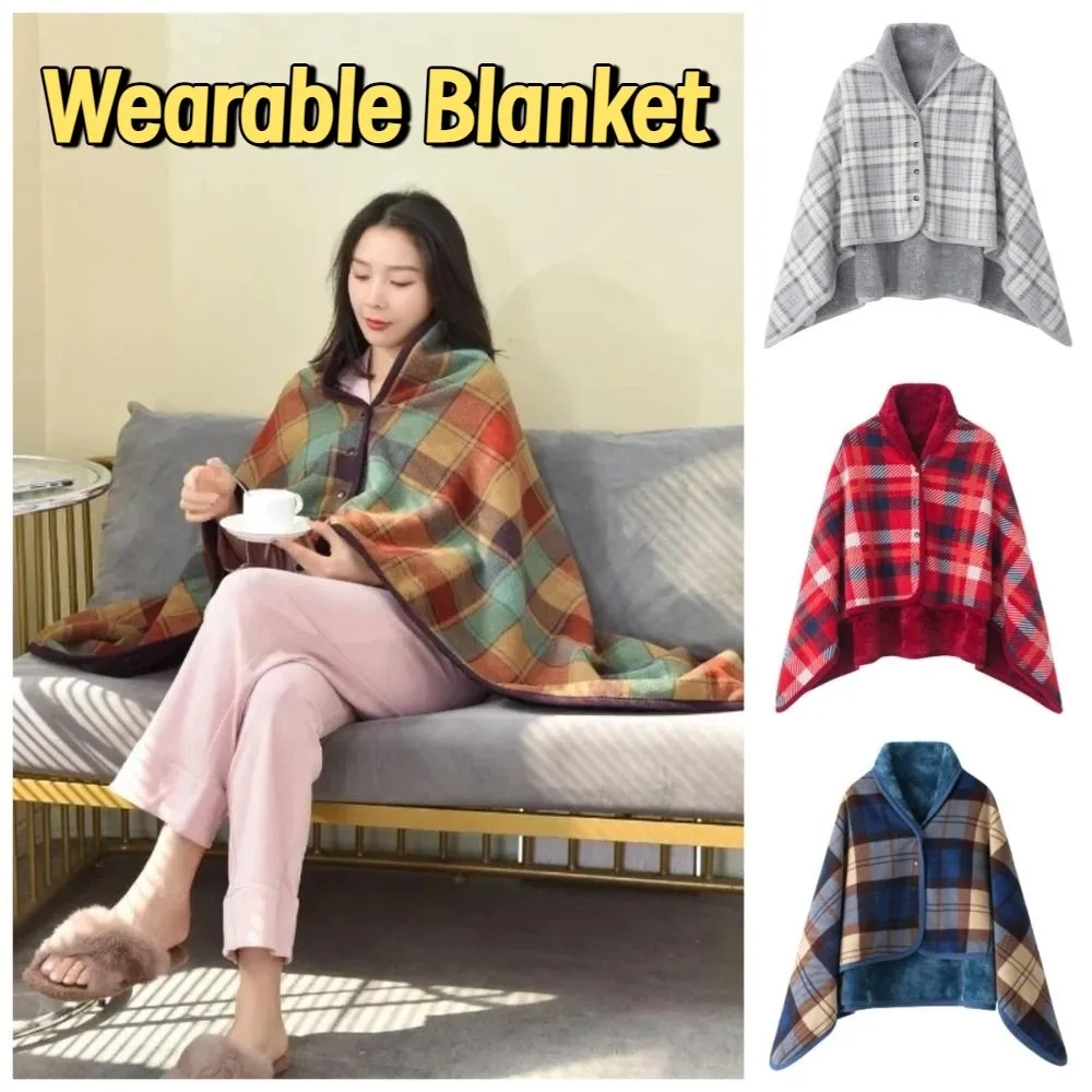 Lazy Plaid Wearable Blanket Thicken Soft Casual Office Blanket with Button Warm Home Shawl Blanket Winter