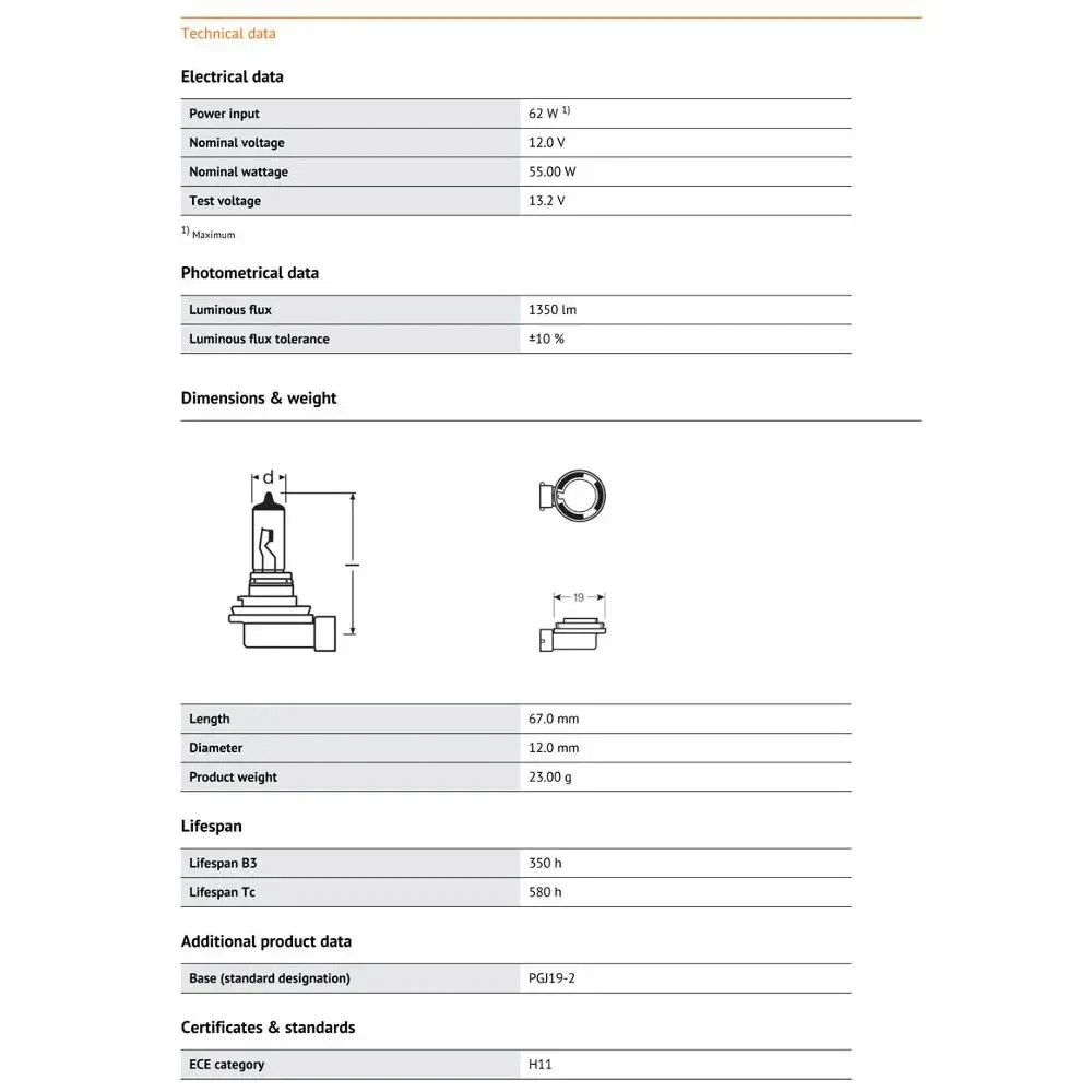 OSRAM  Original  H11 12V 55W 64211 PGJ19-2  Line Car Halogen Headlight Auto Bulb 3200K Standard Lamp OEM Made In Germany