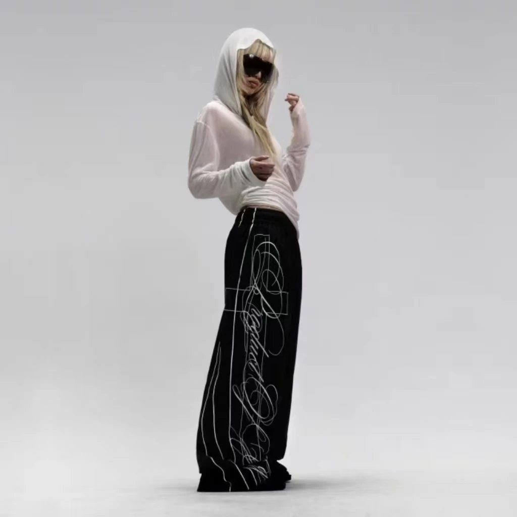 

Black Gothic Retro Striped Lines New Fashion Trend Hip-Hop Sweatpants Men And Women 2000s Vintage Casual Wide-Leg Sports Pants
