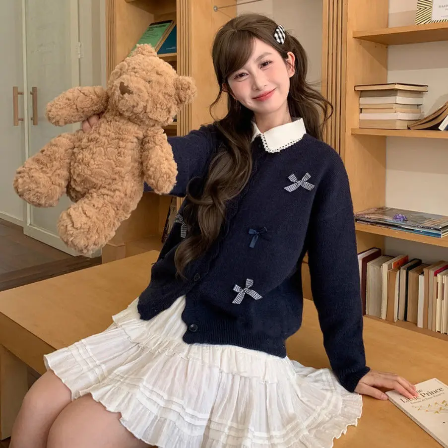 

Милый стильный однотонный кардиган 2025, зимний уютный вязаный свитер, кокетка, эстетичная женская верхняя одежда с круглым вырезом