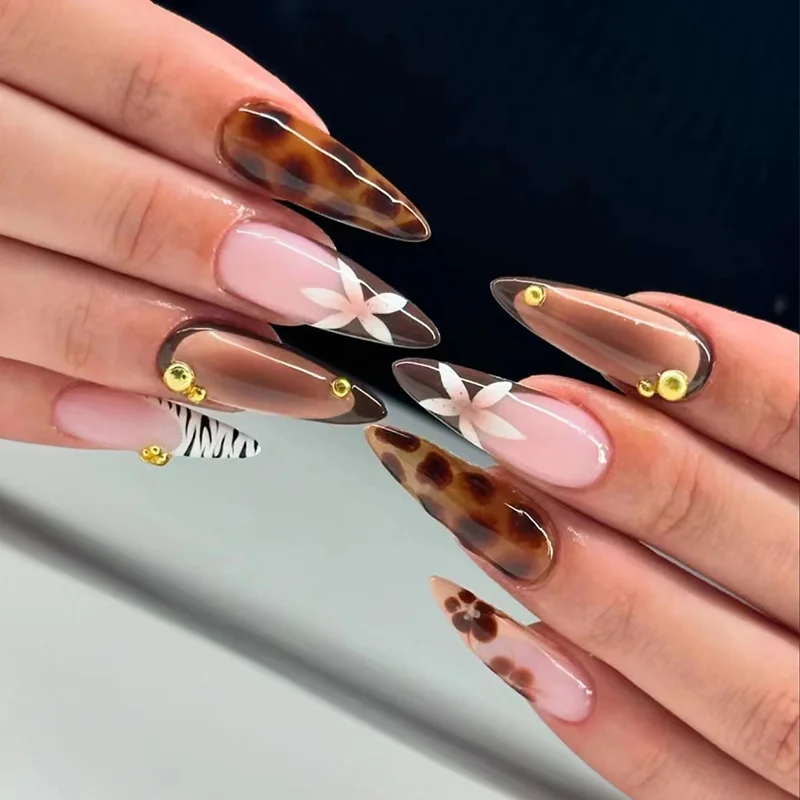 24pcs Brown French Long Fake Nails Flower Almond False Nail with Shiny Powder Design Press on Nails Sets Finished Manicure Tips