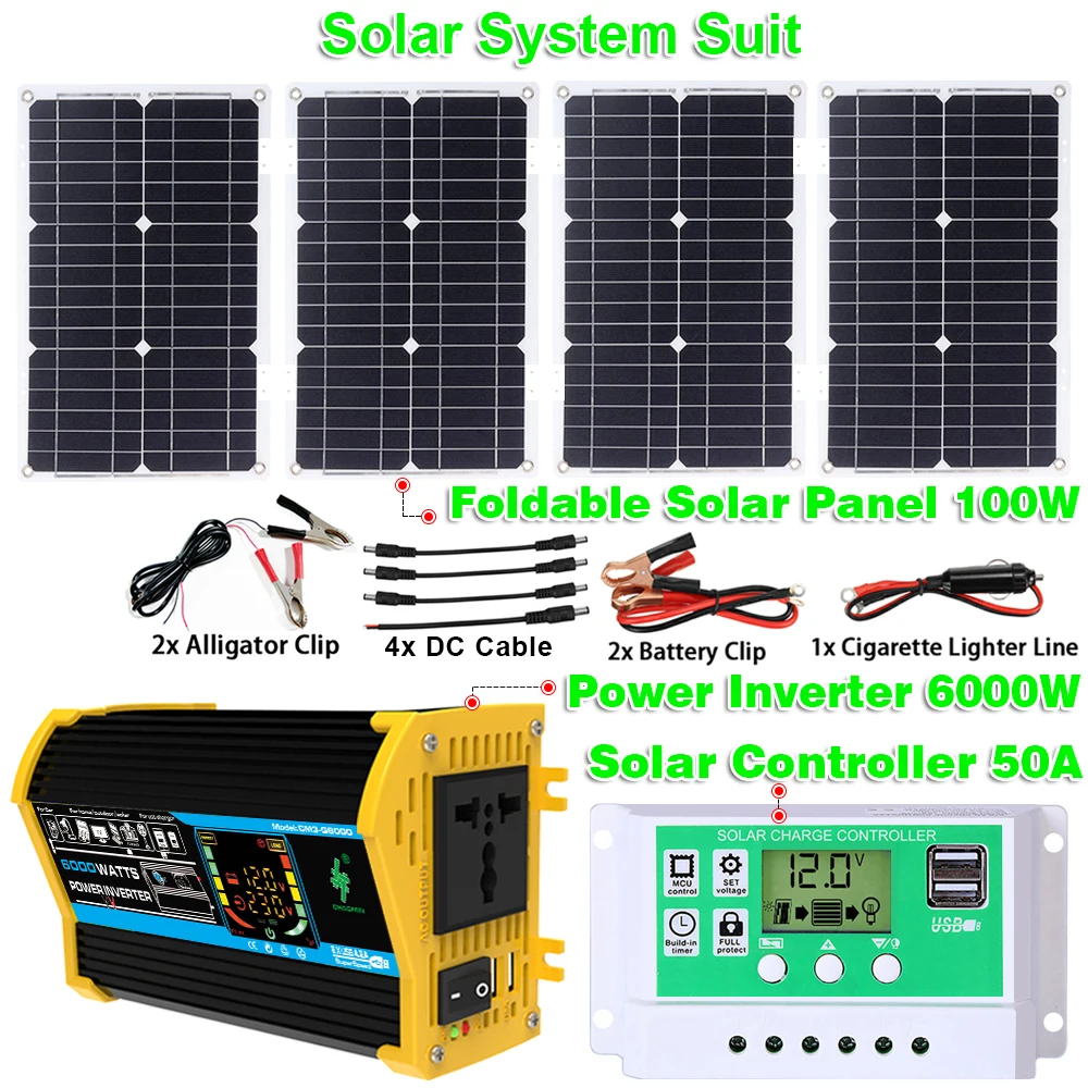 6000W Solar Power Generation System DC12V To AC110V/220V Inverter 100W Solar Panel 50A Controller Complete Power Generation Kit