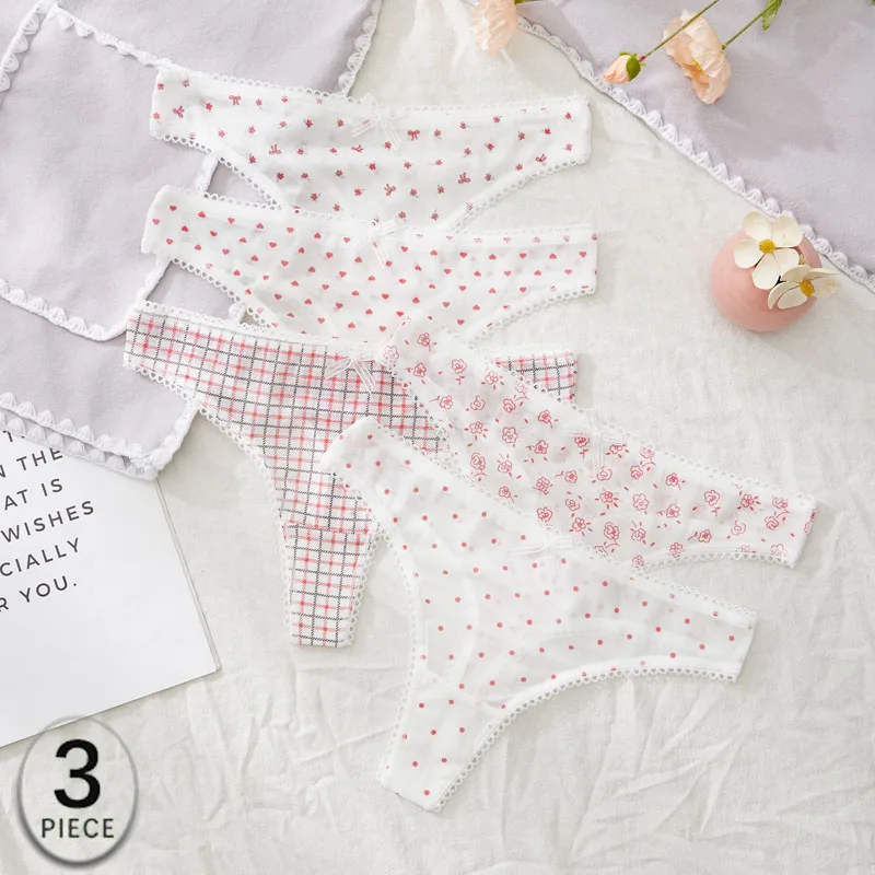 3er-Set modische, süße bedruckte Höschen für Damen, Strings, Frühling/Sommer, weiche Dessous, sexy, heißer Schleifen-String für Damen