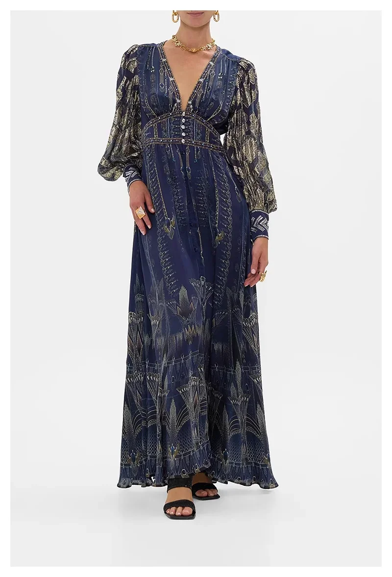 Vestido maxi de seda feminino com estampa azul escuro, cristal frisado, decote em v, manga comprida, cintura alta, vintage, robe feminino