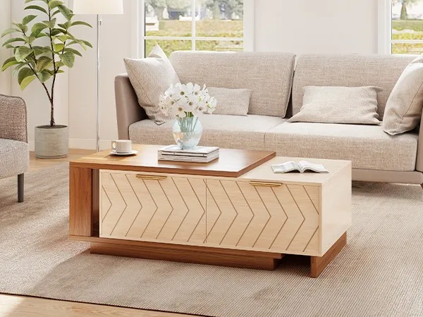 Coffee Table with Storage Center Table for Living Room Rectangle Natural Wood