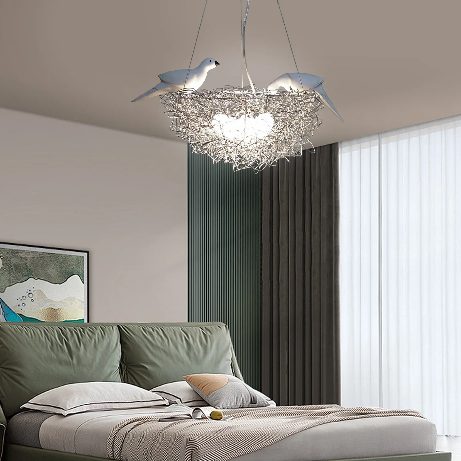 Iluminação pendente moderna, luminária LED em forma de pássaro com comprimento de cabo ajustável, adequada para sala de estar, quarto, estudo, prata