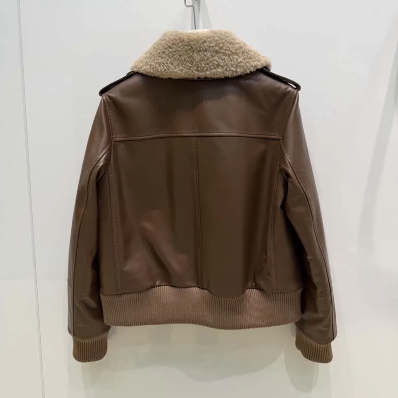 new fashion genuine leather jacket with real wool collar short length big pockets Inner lining with cotton thick warm