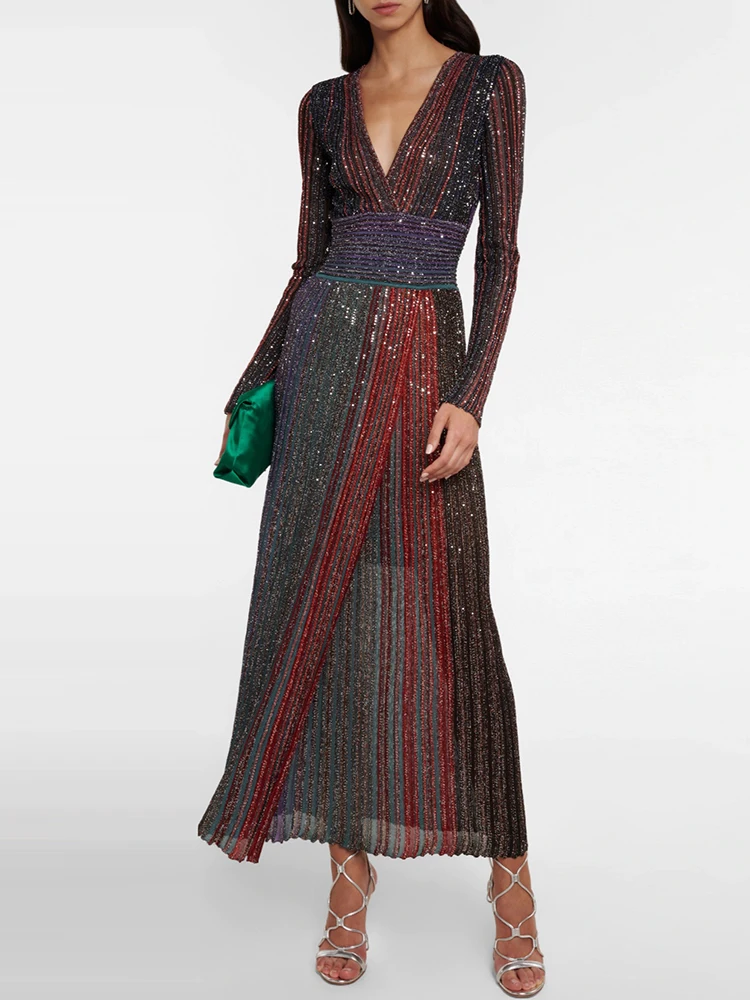Spring  Fashion Vintage Striped Silver Thread Knitting Long Dress Women's Deep V-Neck High Waist Slim High Slit A-Line Dresses