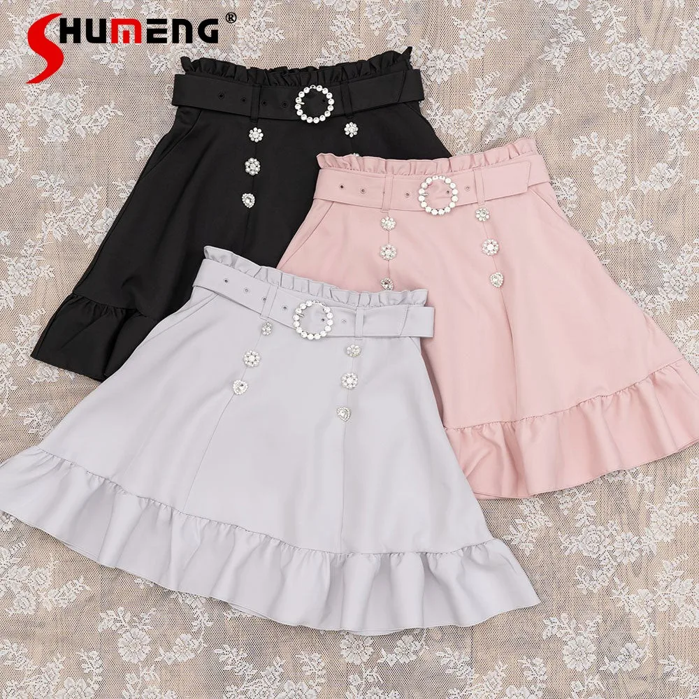 Japanese Mine Style Sweet All-matched Diamond Beaded Buckle High Waist Belt Slim Skirt A-line Ruffles Short Skirt Women Summer