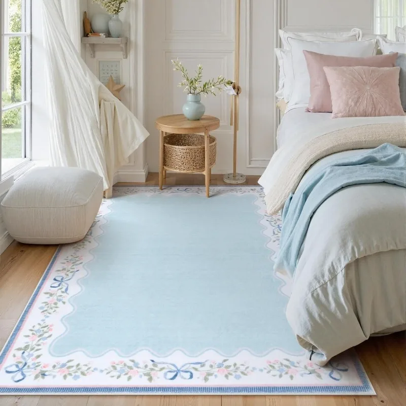Blue Flower Border Living Room Carpet Foldable Machine Washable Coffee Table Anti-slip Floor Mat Bedroom Bedside Soft Rug Tapis