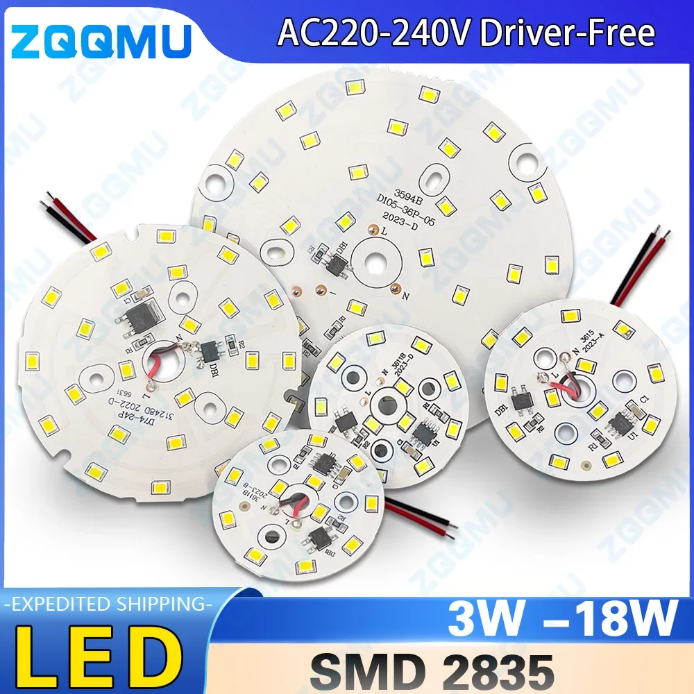220V Driver Free 3W 5W 7W 9W 12W 15W 18W High Voltage Round LED Panel DIY Light Source Board for Home Lighting Replacement