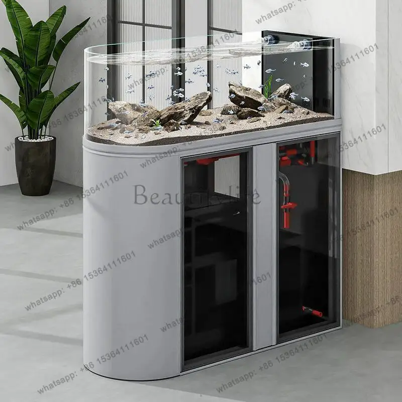 Ecological wild mining stream tank, living room screen, no-change water group, bottom filter, hot bend partition glass tank