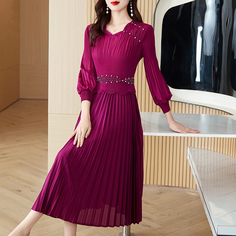 Spring Pleated Patchwork Chic Diamonds Luxury Midi Women\'s Dress Summer Elegant Bodycon Dress 2024 Korean Formal Occasion Dress