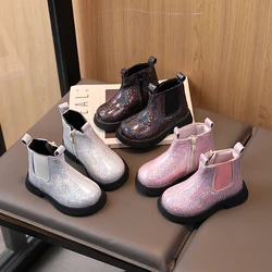 Children Chelsea Boots Paillette Sparkly Three Colors Chunky Girl's Autumn Boot Short Zipper Ankle-high 21-30 Trendy Kids Shoes