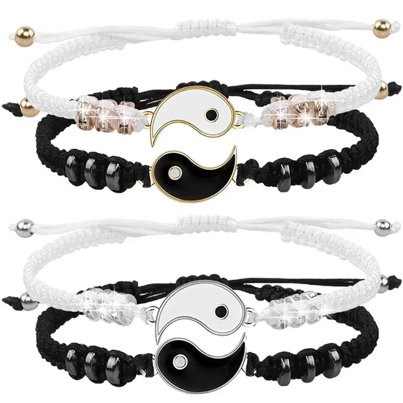 Tai Chi Couple Bracelet Alloy Adjustable Matching Lover Bangle Fashion Jewelry Real Jade Stone Agate Gemstone Beads Gifts