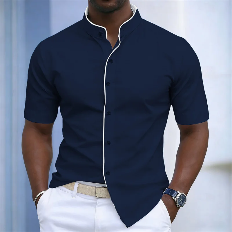 Chemise d'été pour homme à col montant et manches courtes, 20 couleurs, design color block tendance, coupe ajustée, chemise décontractée pour affaires, tailles XS-6XL