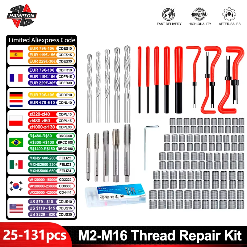 Juego de herramientas de reparación de roscas, inserto de tornillo para restauración de Helicoil dañado, 25/75/125/131 piezas, M2, M3, M4, M5, M8, M10, M12, M14, M16