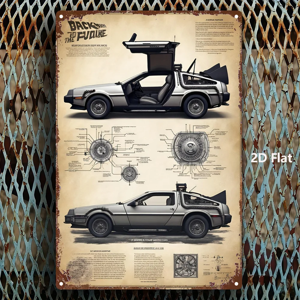 2D Metal Sign DeLorean Time Machine Wall Art Retro Vintage Car Model Decorative Tin Sign for Home Kitchen Bar Party Gift 66cm