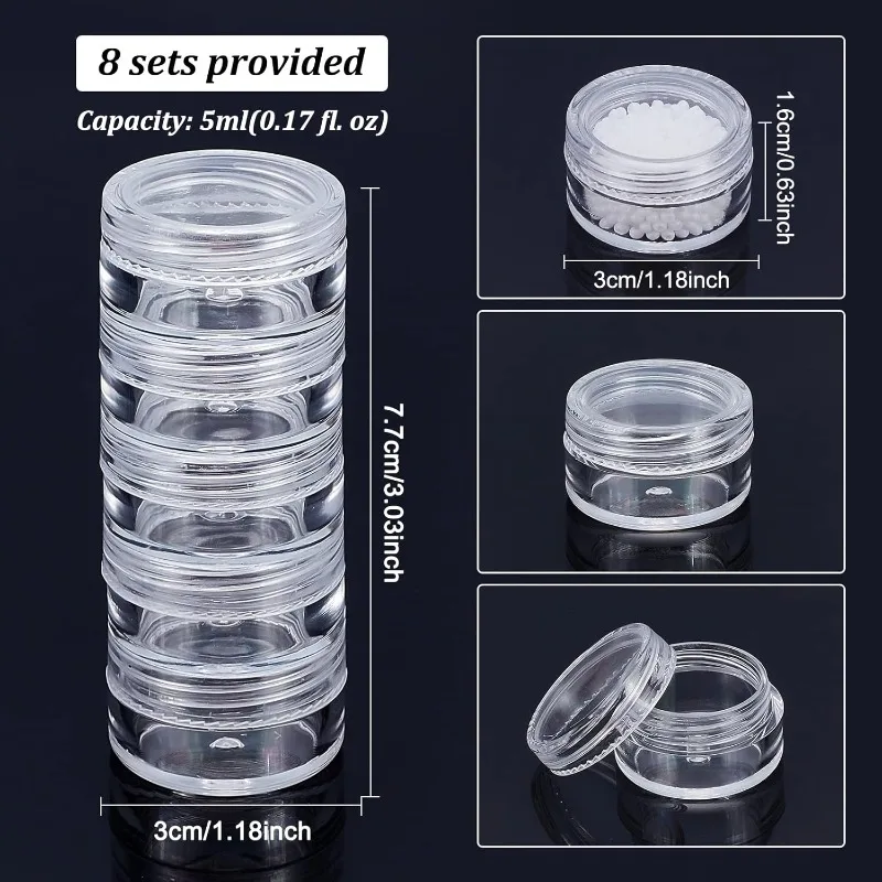 5G/5ML Stackable Round Plastic Containers 8 Column(5 Layer/Column) Bead Storage Jars for Seed Beads Diamond Drills and Other