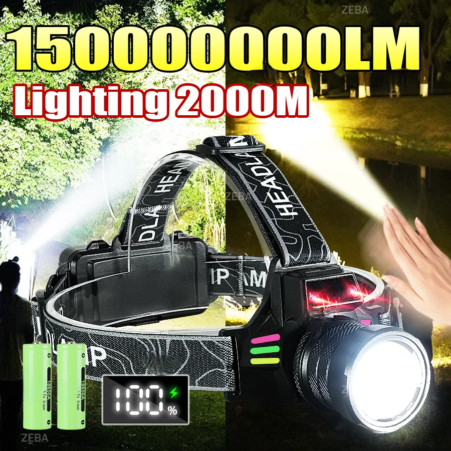 

New LED Sensor Headlamp USB Rechargeable Headlight Strong Light Head Flashlight Long Range 2000M Head Torch Camping Fishing Lamp