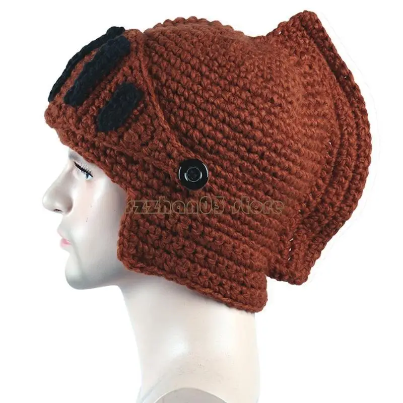 367C Unisexฤดูใบไม้ร่วงโครเชต์ถักโรมันอัศวินหมวกกันน็อกBeanieหมวกสีBarbarian Earflap Skulliesหมวกแบบถอดได้