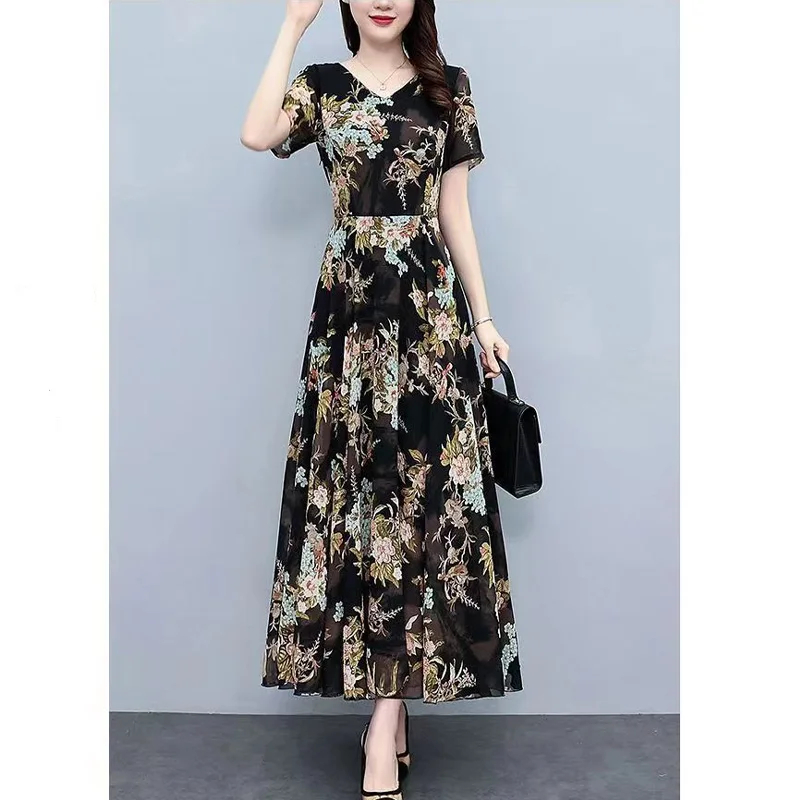 2023 New Summer Fashion Trend Commuting V-neck Exquisite Print Slim Fit Covering Belly Casual Holiday Elegant Long Dress