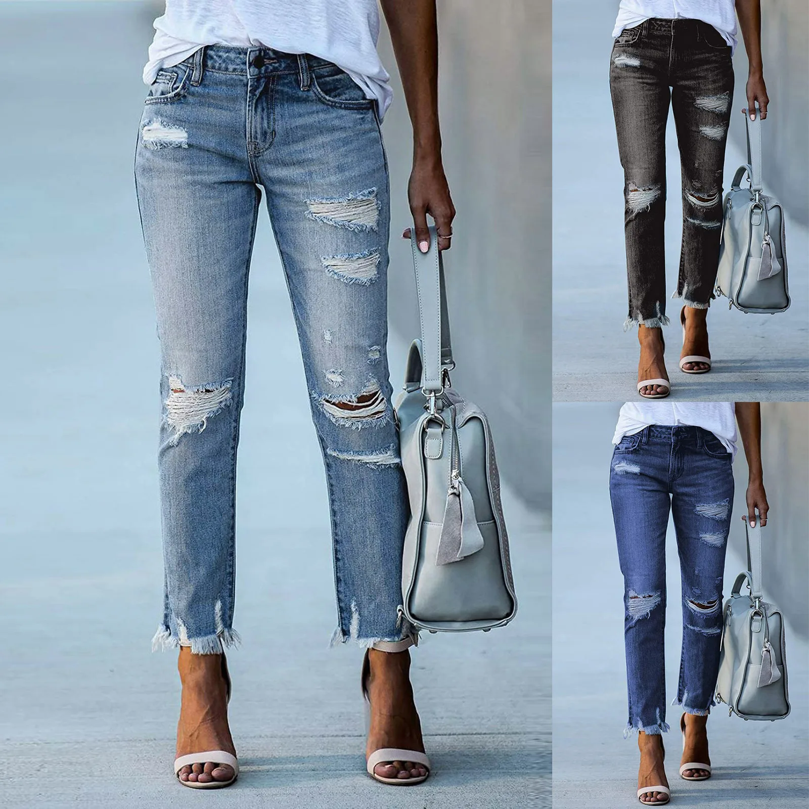 2024 Women's slim fit solid color white matching ripped straight leg jeans for women women jeans  pants  jeans  jeans