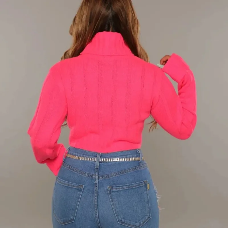 Neon Arancione Rosa Dolcevita Crop Maglione Donna 2023 Autunno Inverno Vestiti Rosa Rosso Pullover lavorato a maglia Maglione di colore solido Magliette e camicette