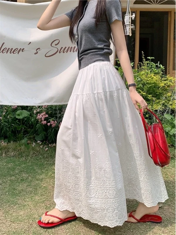 

plus Size Women's Hollow out High Waist Loose Fitting Knee Length Midi Skirt Spring Summer New Style A-Line Skirt