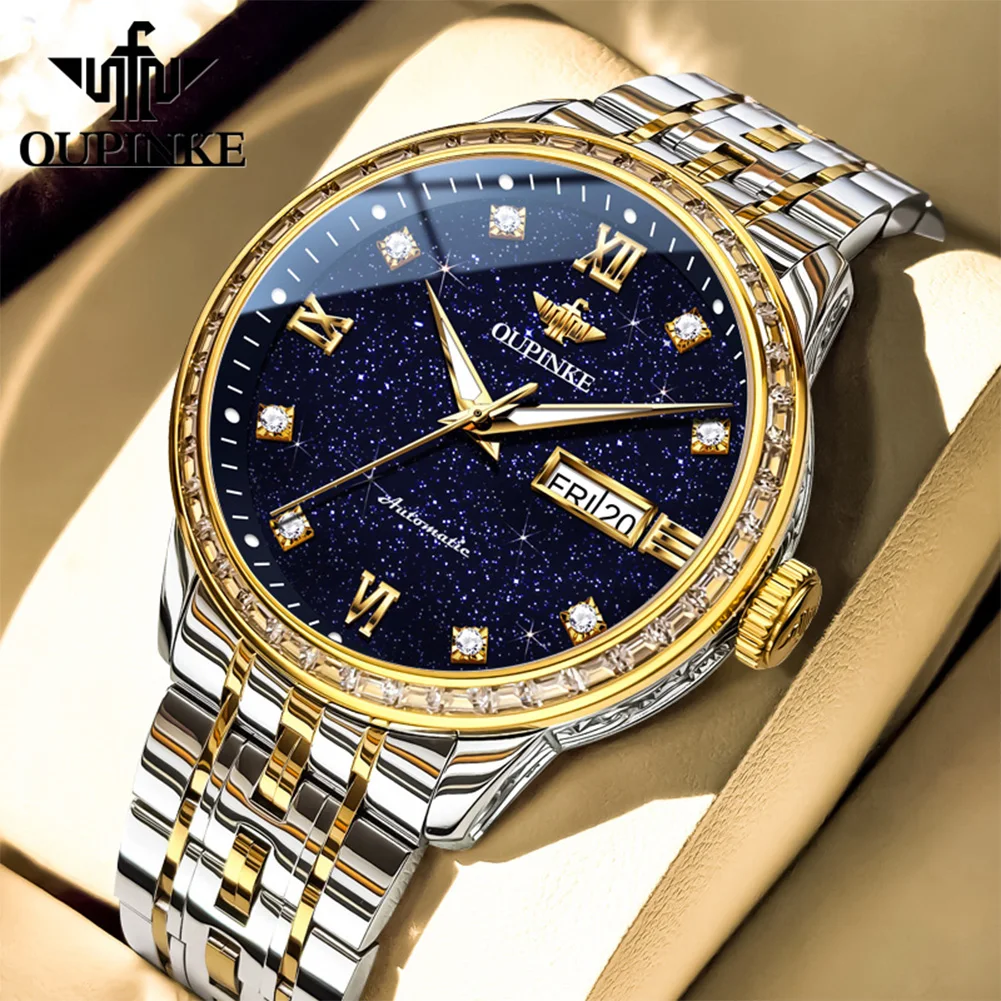 

OUPINKE мужские часы 3258, роскошные модные оригинальные автоматические механические часы для мужчин, алмазный ободок, звездный ночник, циферблат, новинка