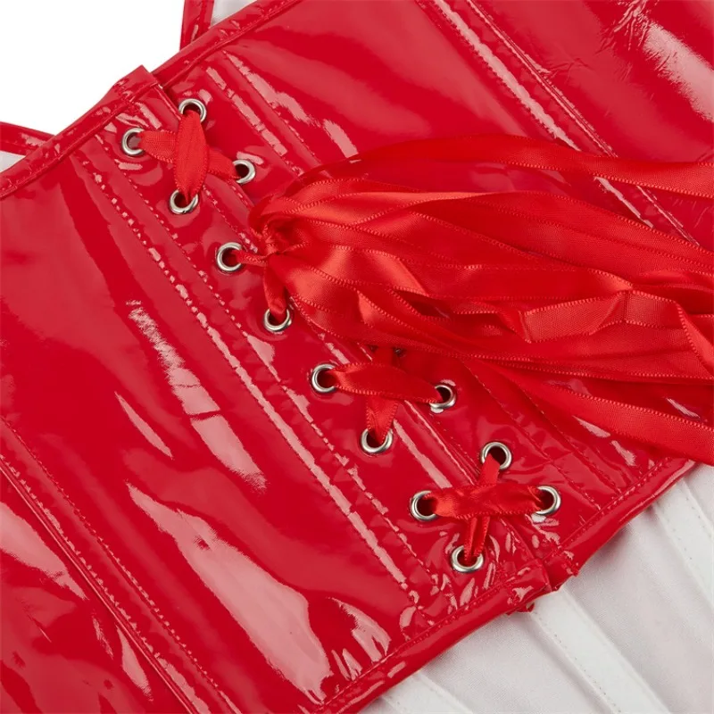 Shiny Red Leather Corset Crop Top Women Sexy Bustiers Short Torso Body Shaper Underwear Kорсет