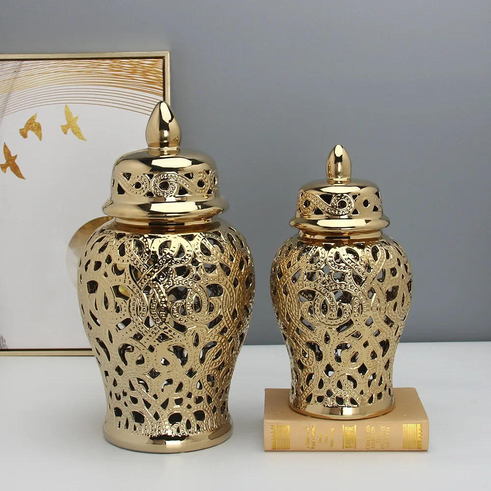 Gold Handmade Ceramic Ginger Jar Hollow Out General Craft Candy Storage Art Decorative Vase Home Decoration