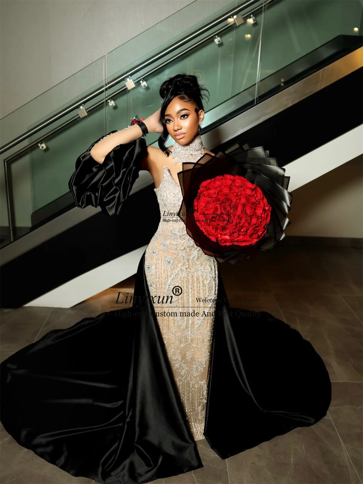 Glitter Bead Diamond Mermaid Prom Dress Black Girl Formal Evening Party Gown With Remove Train Customized African Robe De Soiree