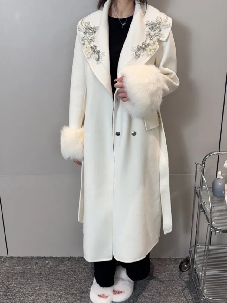 Women Elegant Winter Woolen Long  Coat Fashion Turn-Down Collar Diamonds Luxury Fox Fur Loose Fit Sashes Office Ladies Overcoat