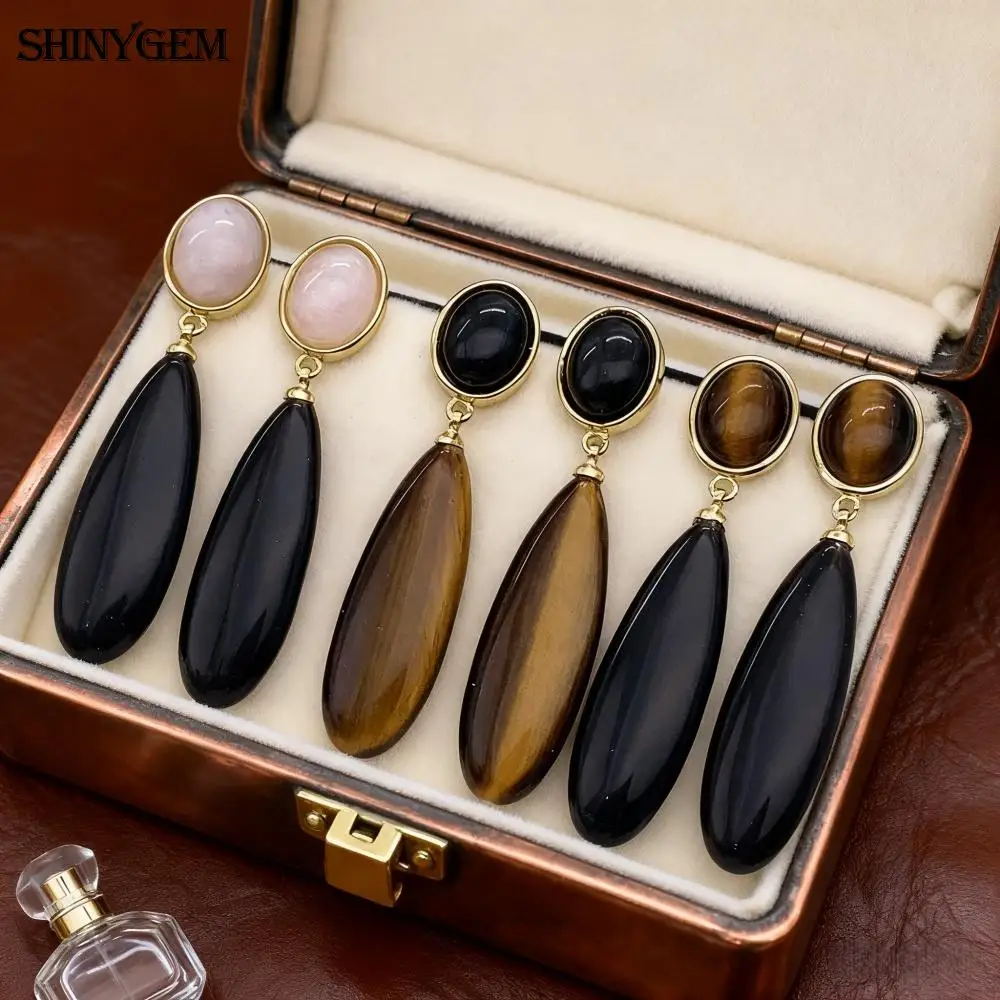 

SHINYGEM Oval WaterDrop Earrings 925 Silver Needle Women Natural Crystal Stone Rose Quartz Amethyst Jewelry Moonstone Ear Drops
