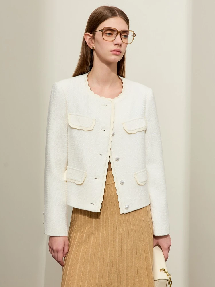 AMII سترة صوفية 2025 شتاء جديد أنيق س الرقبة مستقيم المرأة ملابس خارجية فضفاضة متموجة حافة المرأة كم طويل 12344217