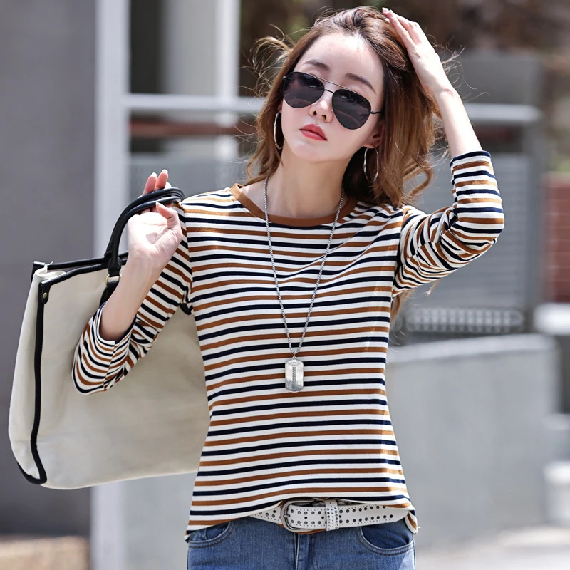 Striped T Shirt Long Sleeve Women Cotton Spring Casual Tops Korean Style Tshirts Woman Clothes Tee Shirt Femme Camisetas Mujer