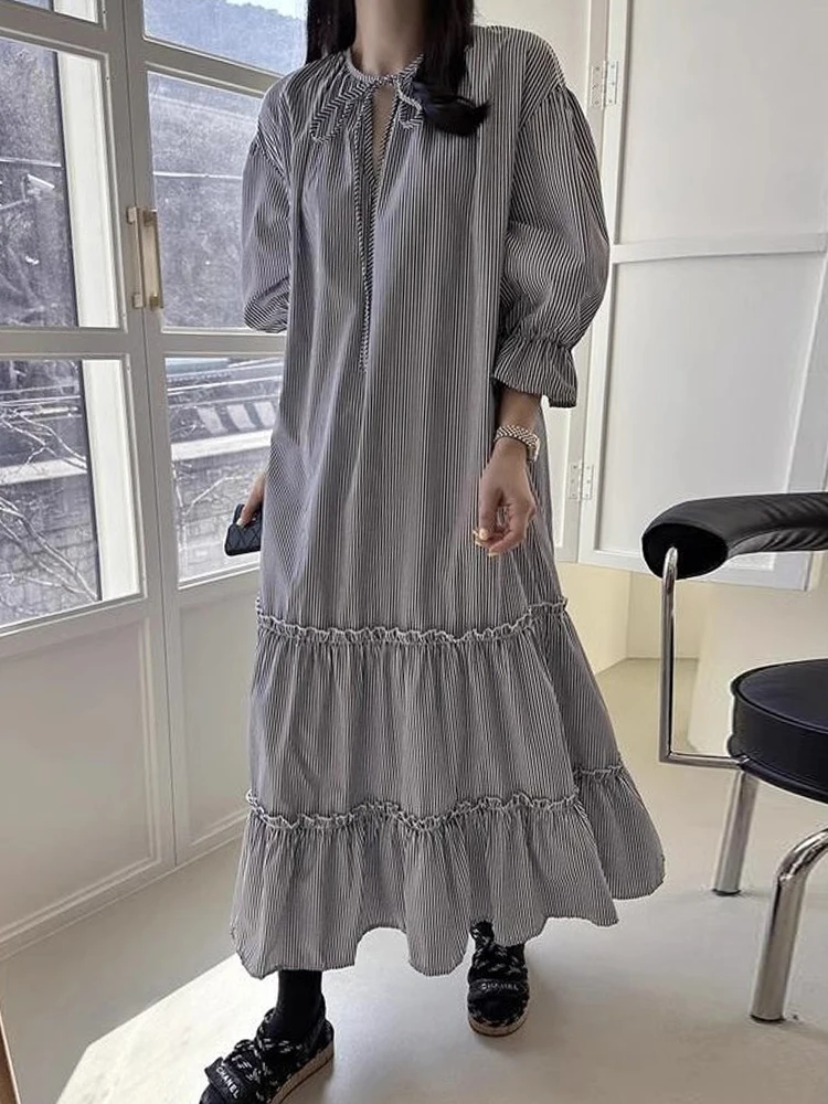 Chique vintage verão solto ajuste longo sve dr feminino ter ne amarrado dupla camada vestido de madeira coreano sle