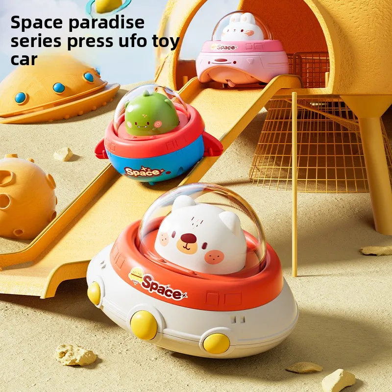 Coche de juguete de aprendizaje temprano para niños pequeños, coche con platillo volador Press-and-Go con mecanismo de retorno alimentado por inercia, regalo de educación temprana