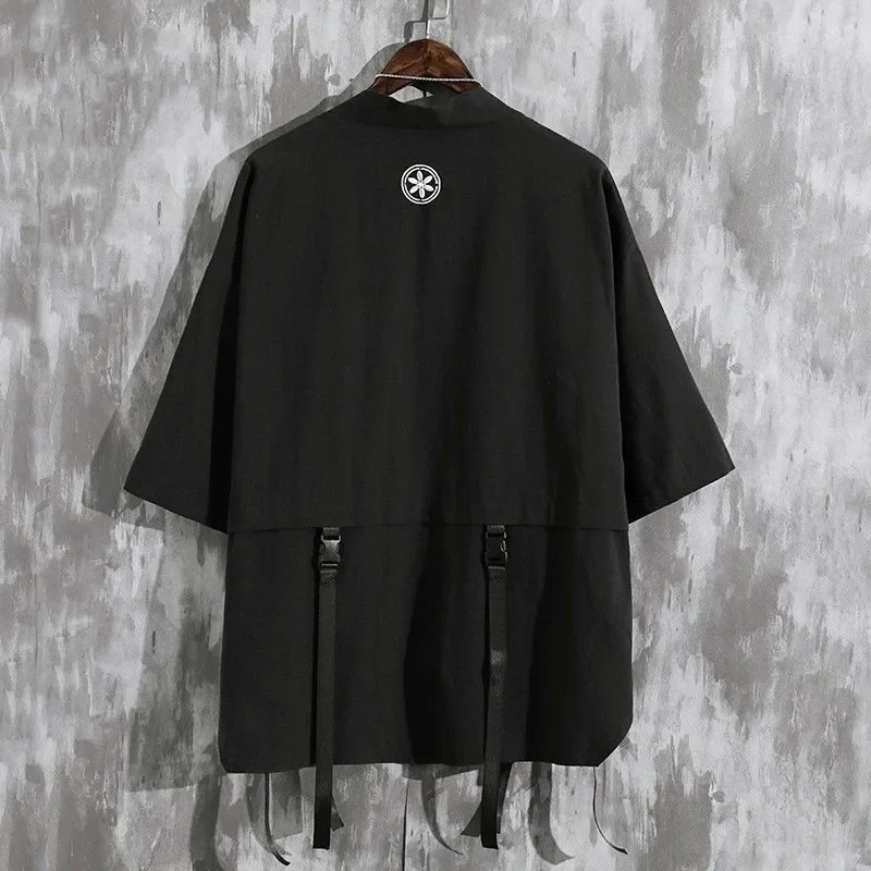 Men's Black Haori Cardigan Kimono Short Sleeve Shirt Samurai Japanese Style Loose Yukata Shirts Streetwear Casual Thin Tops