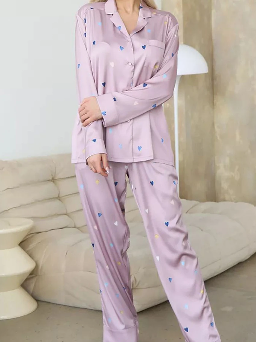 Marthaqiqi Printing Female Pajamas Suit Long Sleeve Nightgowns Sexy Turn-Down Collar Nightwear Pants Casual Women'S Pajamas Sets