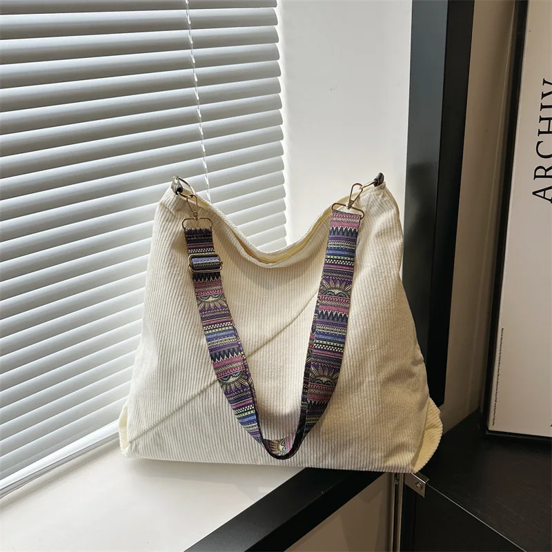 

2025 new corduroy large capacity bag, women's commuting tote bag, wide shoulder strap, single shoulder crossbody bag