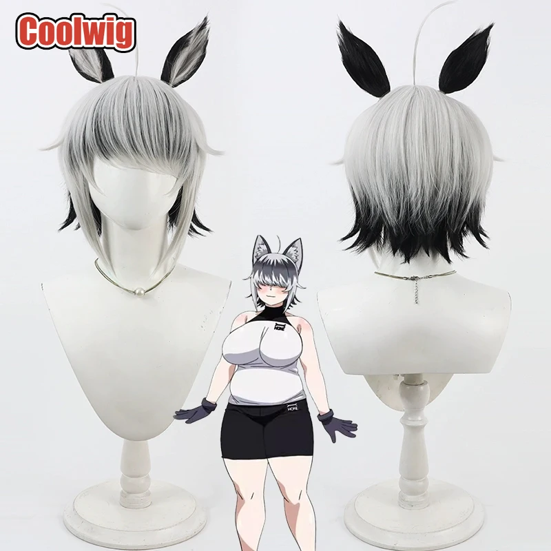 Coolwig Synthetic Hair Laika Cosplay Wigs With Ears Plus-Sized Elf Laika 30cm Short Silver White Mixed Black Wig Heat Resistant
