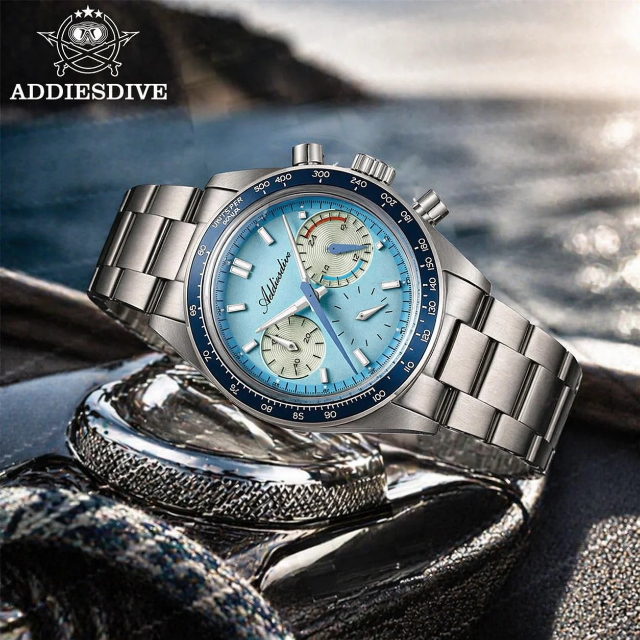 ADDIESDIVE New Men's Quartz Watches VK63 Chronograph Dome Glass Aluminum Bezel 100m Waterproof Luminous Contrast Color Watch