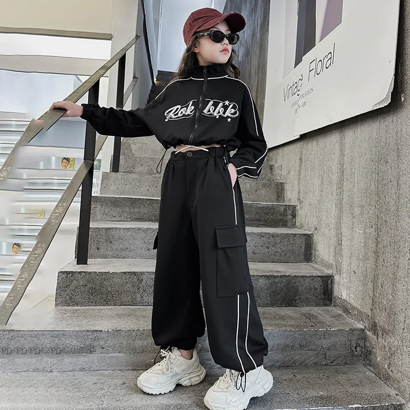 Teen children clothes Girl Dance Clothes Set Short Zipper Coat+Pants 2pcs Kids suit Tracksuits Clothing outfits 5 6 7 9 11 13 15