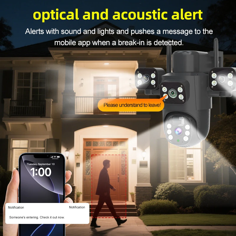 4G / WiFi كاميرا تعمل بالطاقة الشمسية ثلاثة عدسات شاشة خارجية 12MP 6K بطارية منخفضة الطاقة كاميرا IP PIR للرؤية الليلية CCTV الحماية الأمنية