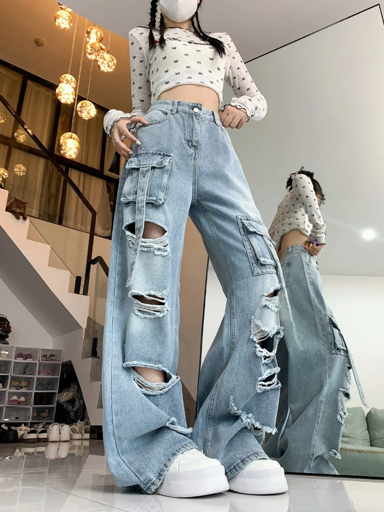 

Designer Niche Women's Jeans with Ripped High-Street Workwear Vintage American Style Floor-Length Drape Straight-Leg Wide-Leg