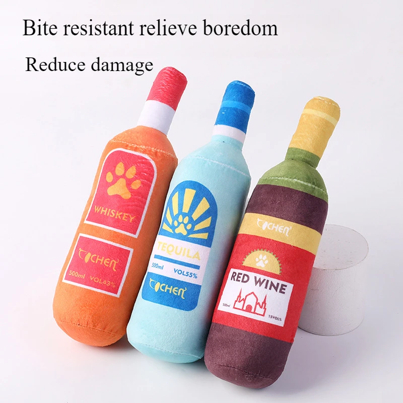 Pet Voice Cat Dog Toy Red Wine Bottle Shape Anti Bite Soothing Plush Toy